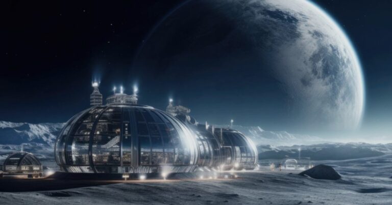 Ilustración conceptual de una central nuclear en la superficie lunar.