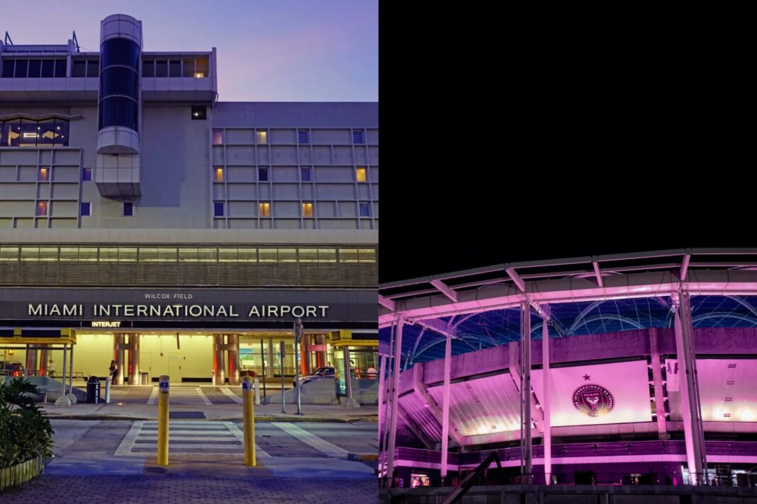 Vista aérea del Aeropuerto Internacional de Miami y las inmediaciones del nuevo NU Stadium del Inter Miami.