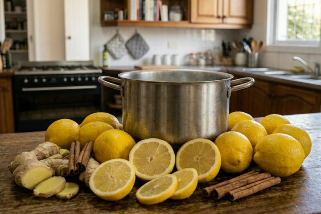 Preparación de una infusión con cáscara de limón, rodajas de jengibre y una rama de canela en una olla.