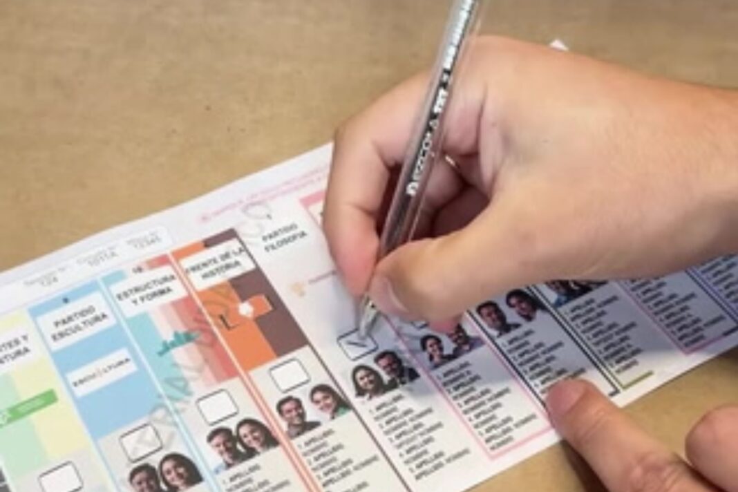 Ilustración de una urna electoral y boletas en la provincia de Buenos Aires.