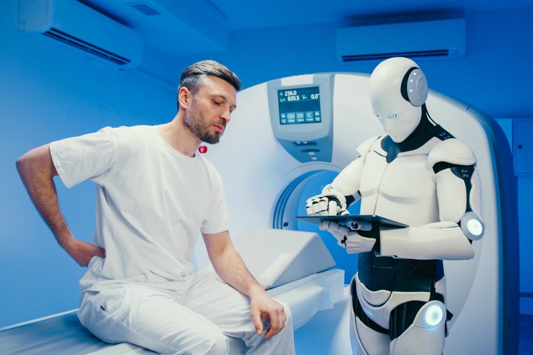 Ilustración de una pantalla con un símbolo médico y un chatbot, representando consultas de salud con inteligencia artificial.