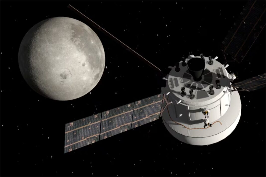 Ilustración que representa símbolos de la justicia y una cápsula espacial sobre la Tierra.