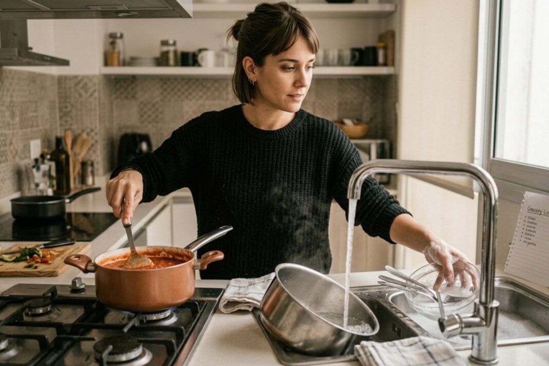 Persona lavando platos en la pileta de la cocina mientras hay ingredientes y utensilios sobre la mesada.