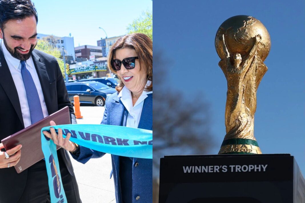 Fan zone del Mundial 2026 en Nueva York con aficionados viendo un partido