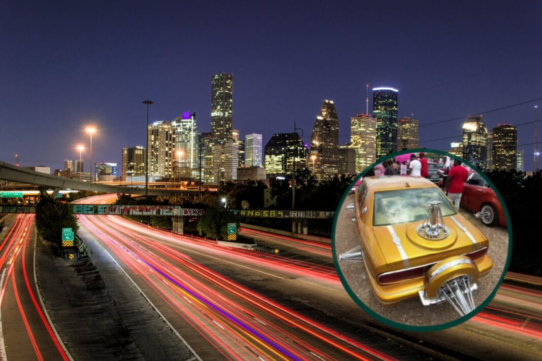 Auto con swangaz, llantas modificadas de radios metálicos sobresalientes, estacionado en una calle de Houston