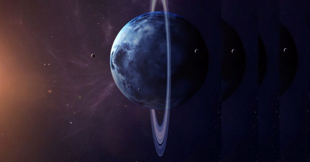 Representación artística del planeta Urano y el signo de Géminis en el cielo nocturno