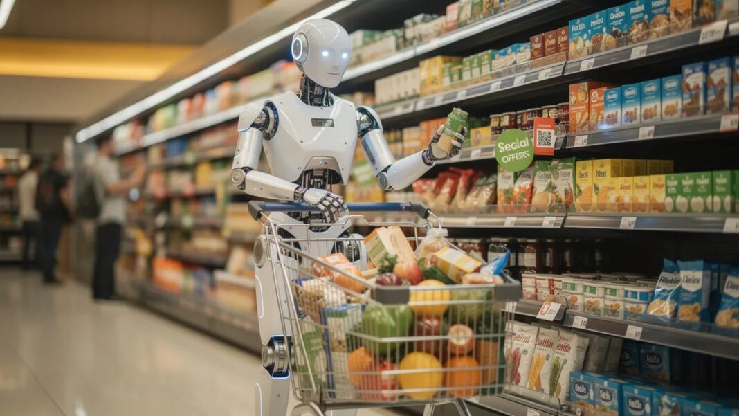 Ilustración de un laberinto digital con íconos de compras y una mano robótica seleccionando productos