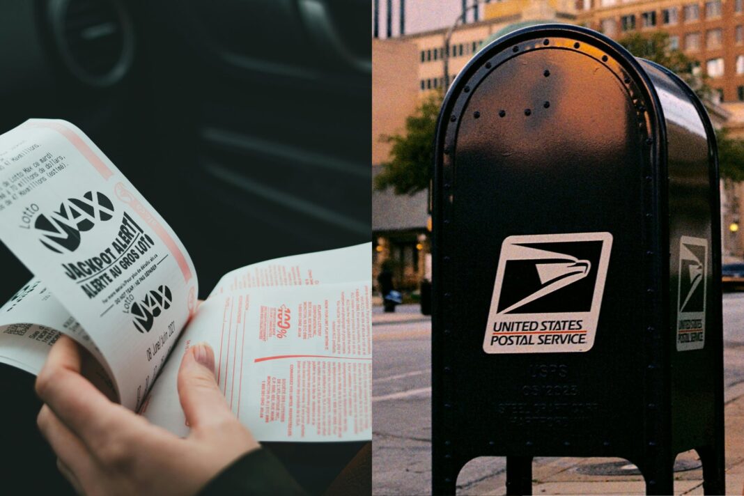 Sobre y billetes de lotería sobre una mesa, con el logo del USPS de fondo