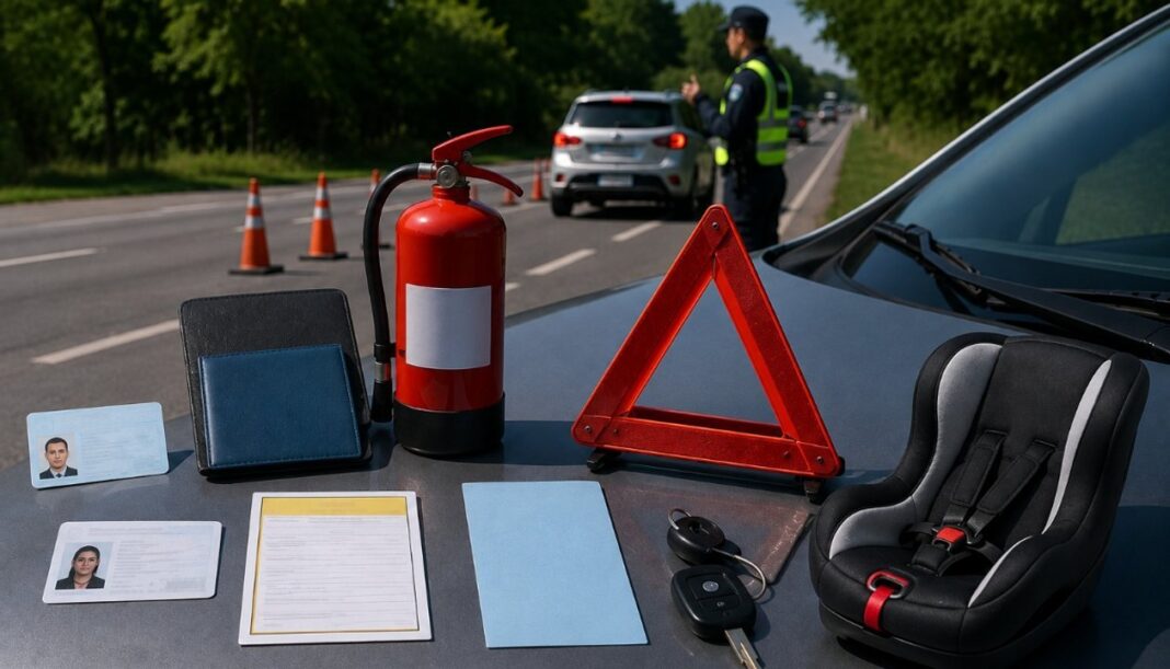Documentos y elementos de seguridad sobre el asiento de un auto para viajar en ruta