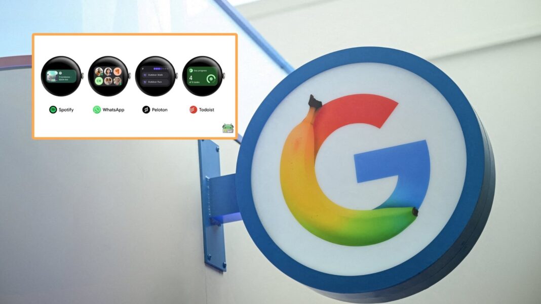 Widgets de aplicaciones como WhatsApp y Spotify en un reloj inteligente con Wear OS 7