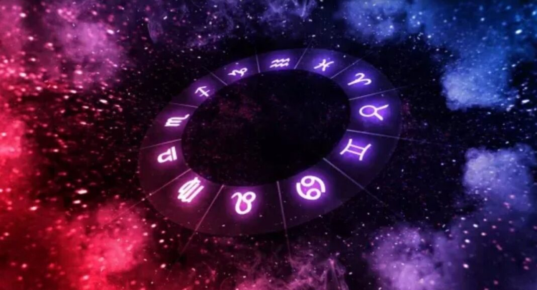 Ilustración de los 12 signos del zodiaco con fondo estelar