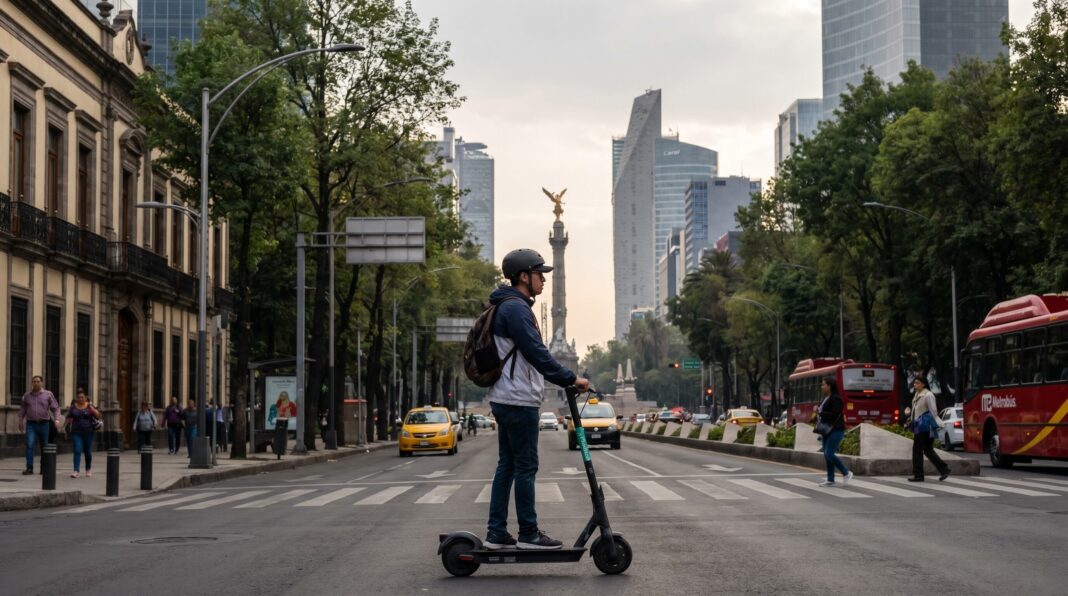 Scooter eléctrico estacionado en la calle de la Ciudad de México con placa visible