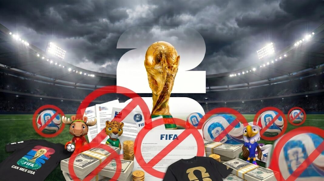 Logotipo de la FIFA y balón de fútbol sobre fondo verde