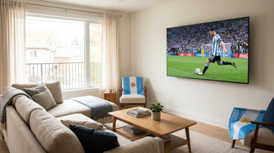 Televisor en una sala de estar con la Copa del Mundo de fondo