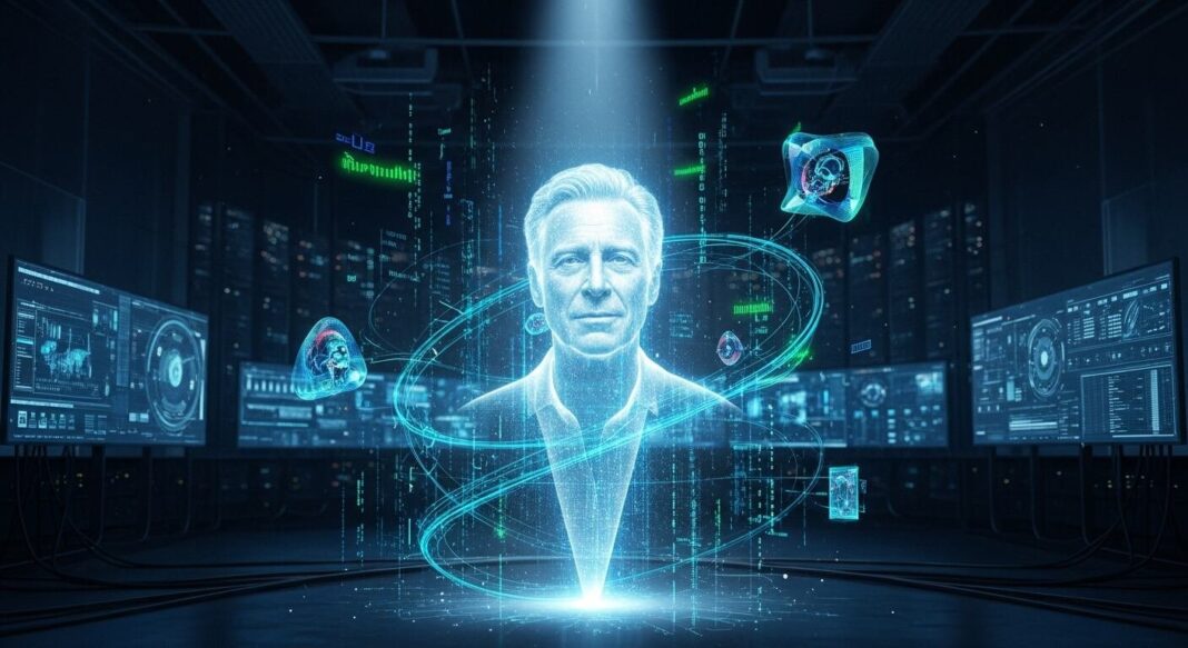 Representación digital de un actor fallecido recreado con inteligencia artificial en una pantalla de cine
