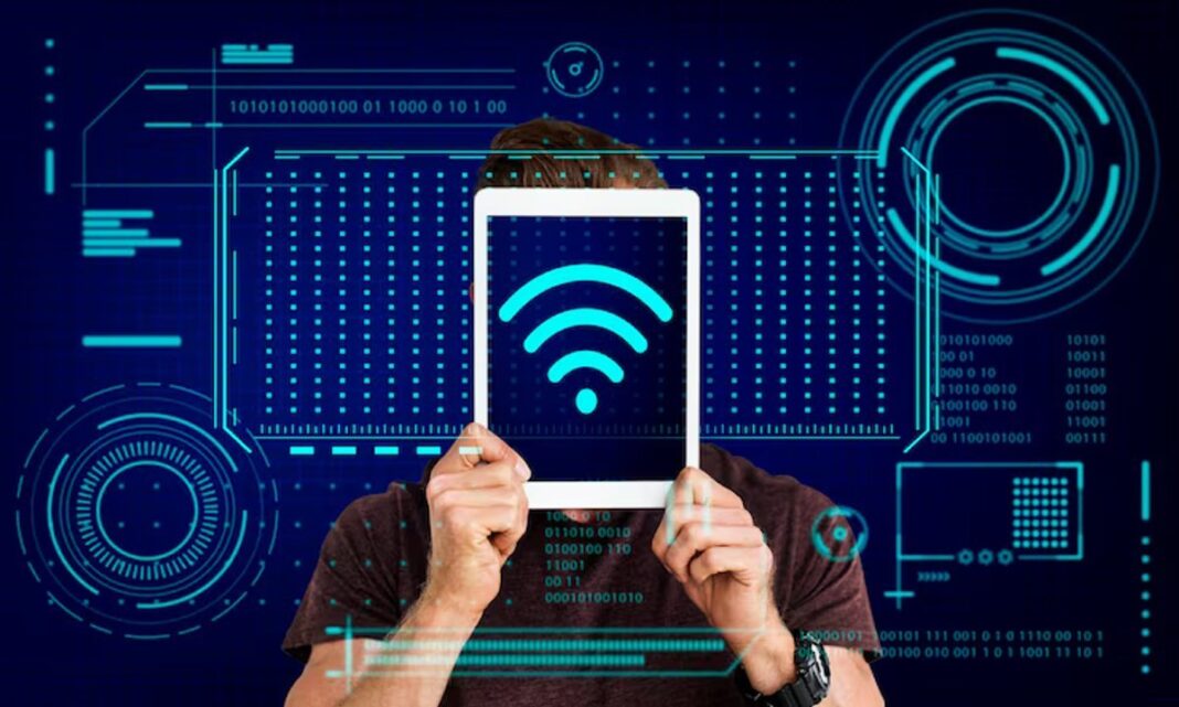 Icono de WiFi sobre fondo azul representando conectividad inalámbrica