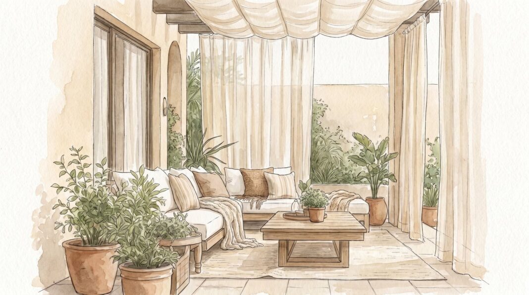 Jardín diseñado como extensión del hogar con mobiliario y vegetación
