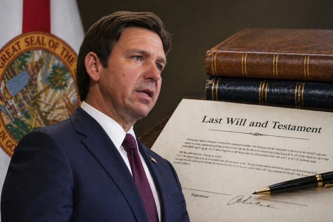 Ron DeSantis firmando la ley HB 1337 sobre herencias en Florida