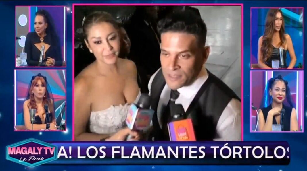 Karla Tarazona y Christian Domínguez sonriendo después de su boda civil
