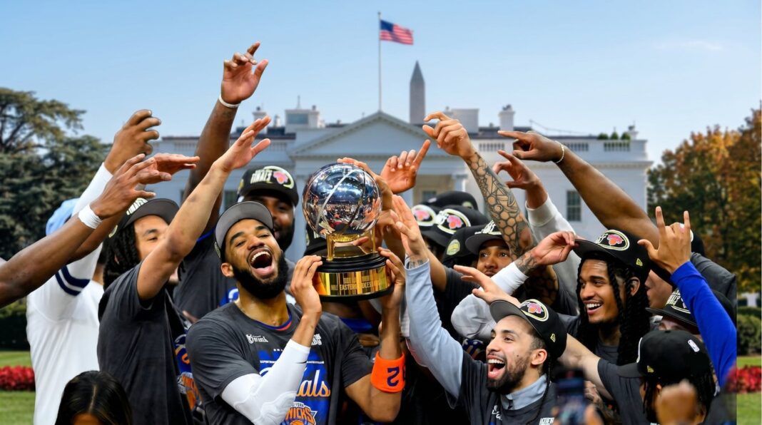 New York Knicks campeones NBA 2025 celebrando en la cancha