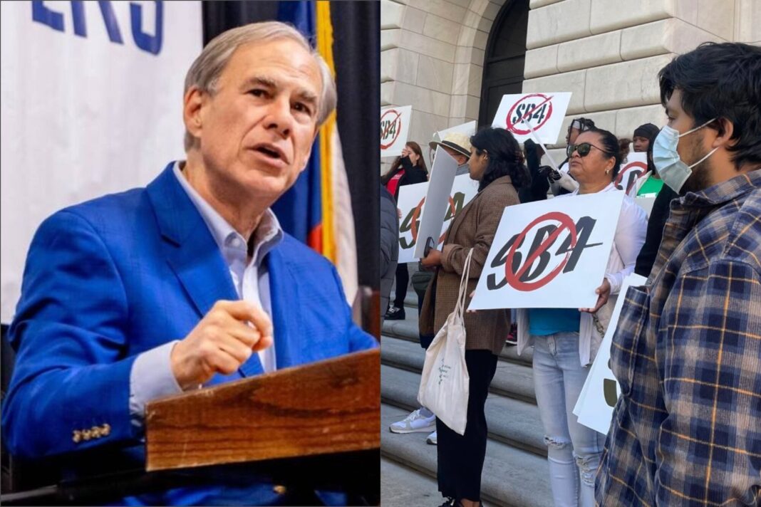Cartel de la ley SB4 de Texas en un fondo con la bandera del estado