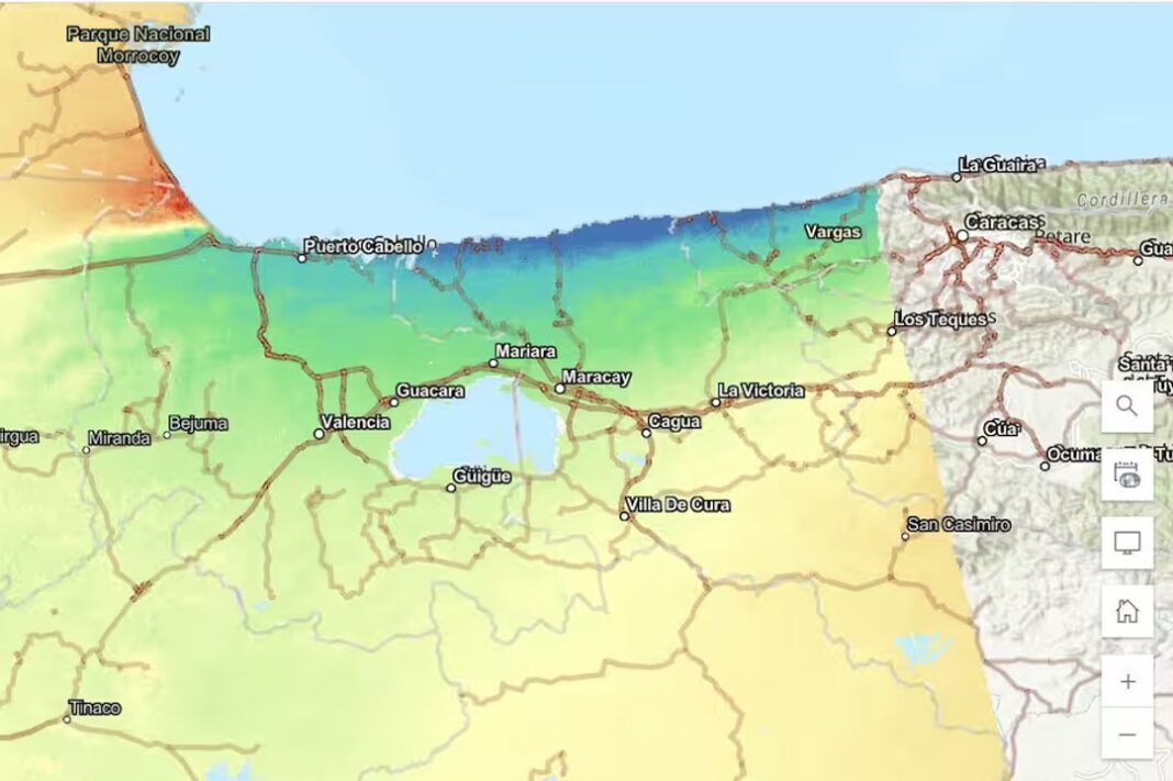 Mapa satelital de la NASA mostrando desplazamiento de la superficie terrestre en Venezuela