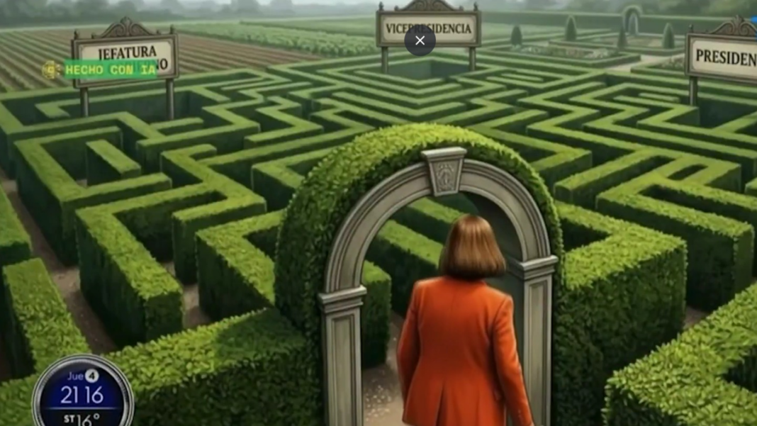 Imagen generada por inteligencia artificial de Patricia Bullrich frente a un laberinto con tres salidas etiquetadas presidencia, vicepresidencia y Jefatura de Gobierno