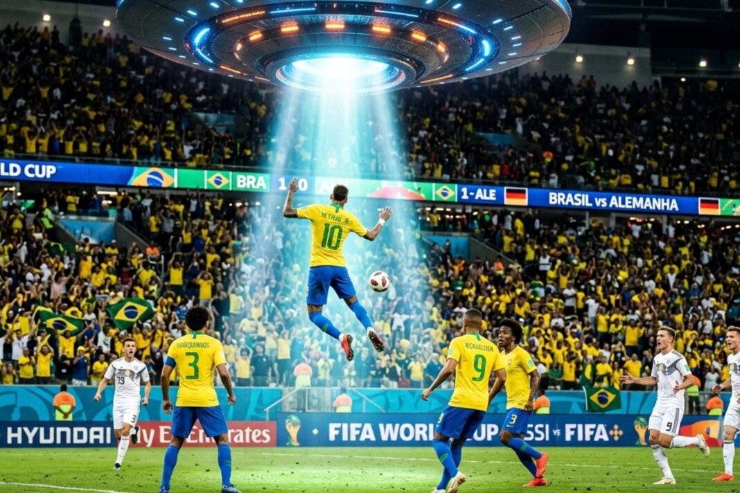 Partido de fútbol entre Brasil y Escocia en el Mundial 2026 con una nave espacial sobrevolando el estadio