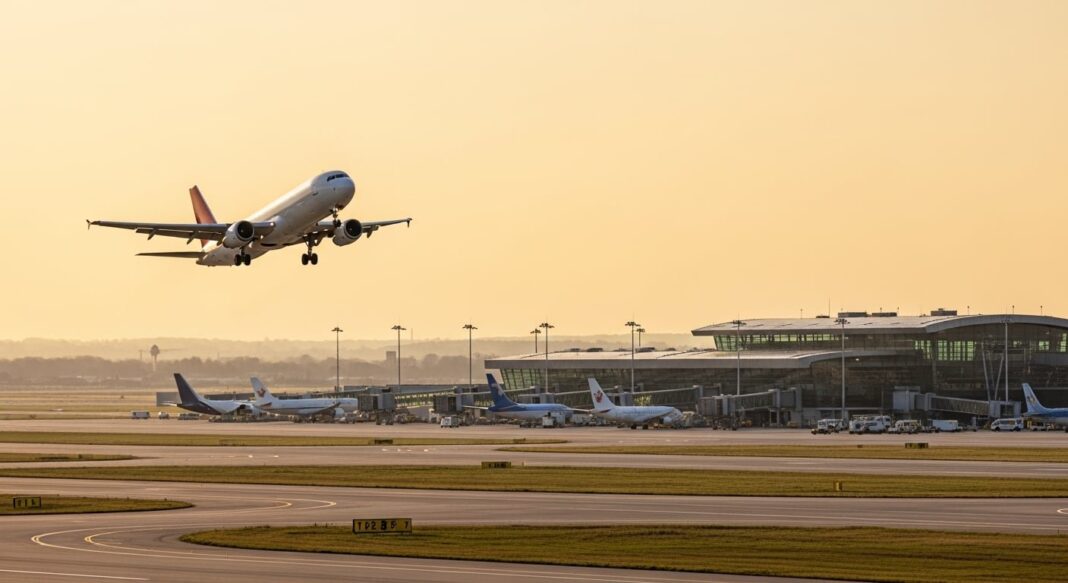 Avión en aeropuerto con cartel de precios de pasajes