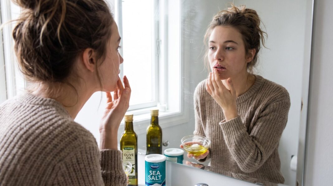 Aceite de oliva y sal en un recipiente, remedio casero para labios partidos