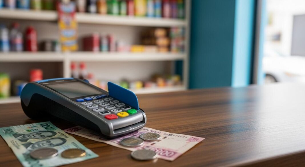 Persona usando un teléfono móvil para realizar un pago digital en un pequeño comercio