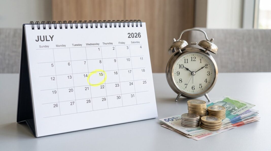 Trabajador en oficina con calendario marcado al 15 de julio y gráficos de costos