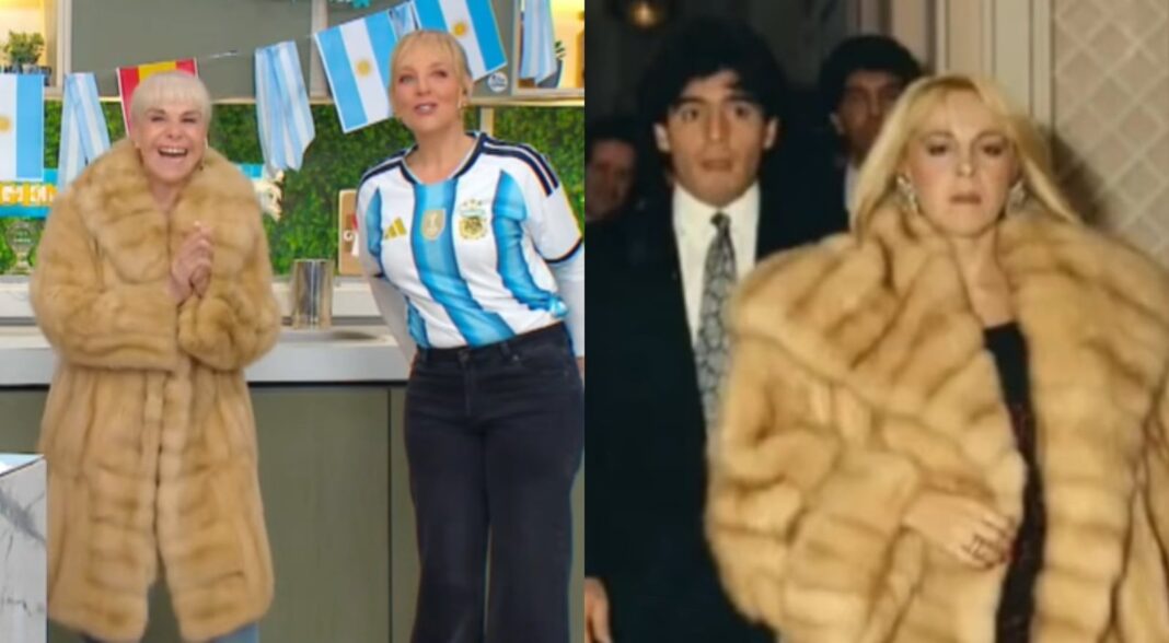 Claudia Villafañe luciendo el tapado de piel que le regaló Diego Maradona