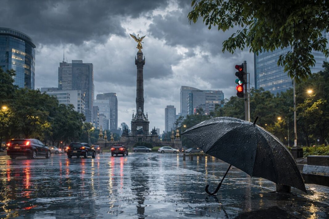 Cielo nublado sobre la Ciudad de México con lluvia y relámpagos