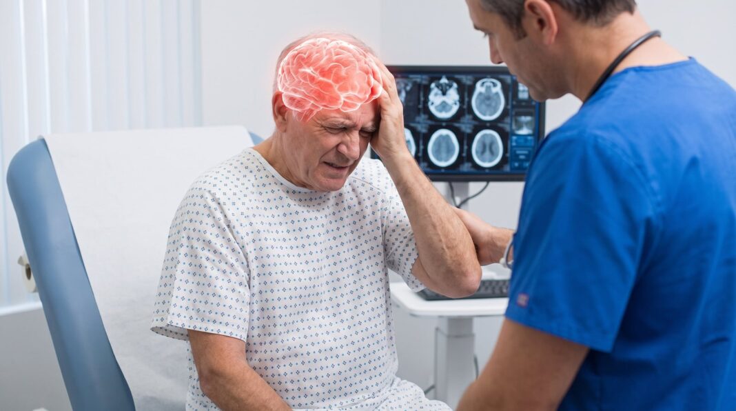 Ilustración de una persona reconociendo síntomas de infarto cerebral con la ayuda del método RAPIDO