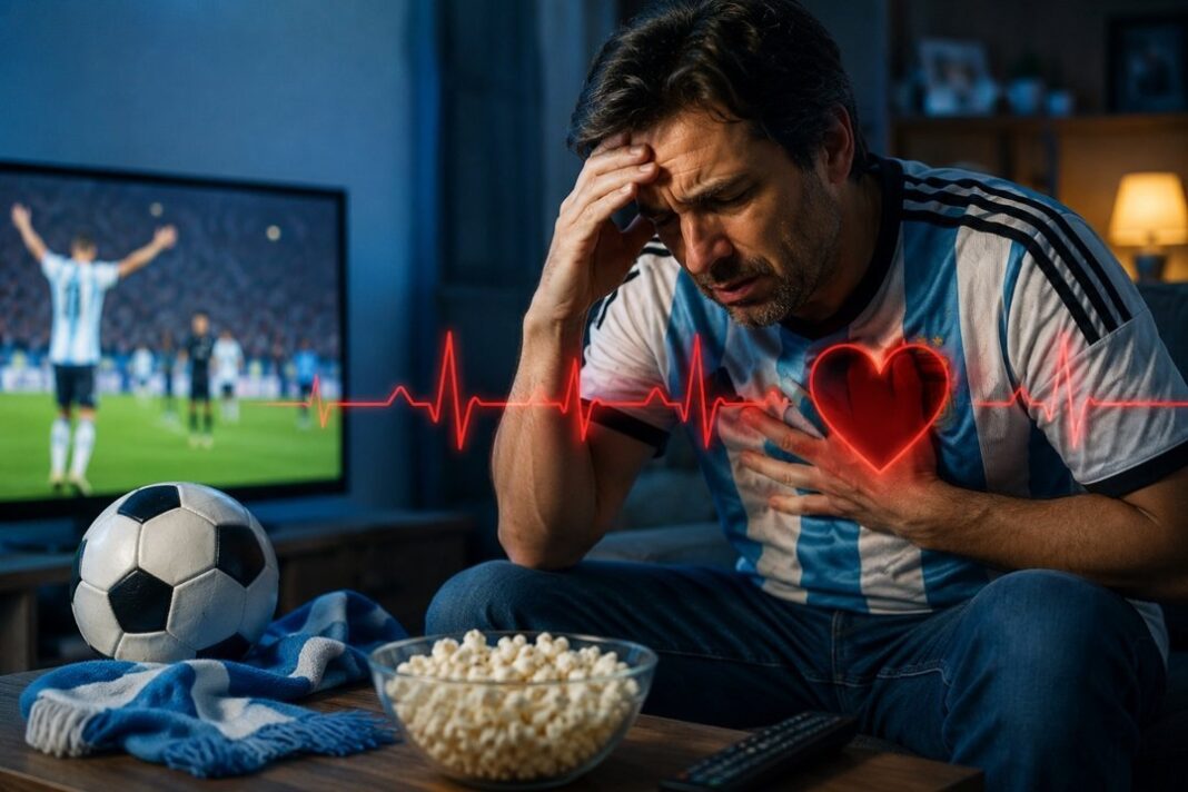 Hinchas argentinos mirando un partido de fútbol con expresión de tensión