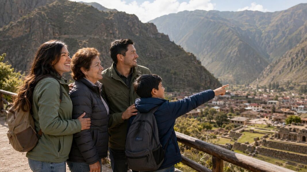 Familia viajando en un paisaje natural de Perú