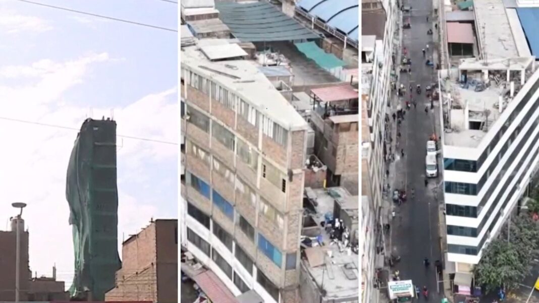 Edificio angosto y alto en medio de viviendas bajas en Lima