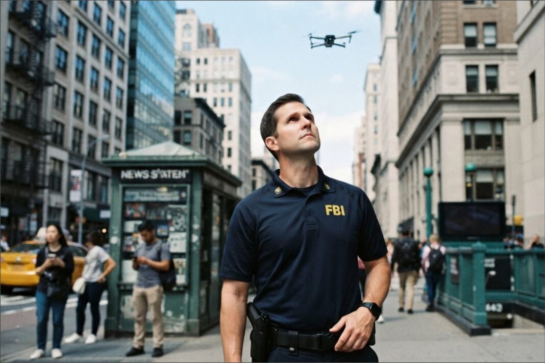 Dron volando sobre el horizonte de Nueva York