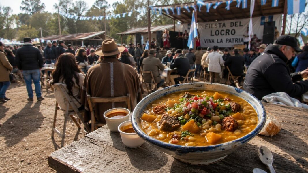 Plato de locro con bandera argentina de fondo