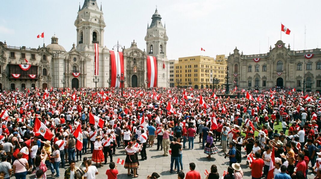 Fiestas Patrias Perú bandera bicolor desfile escolar