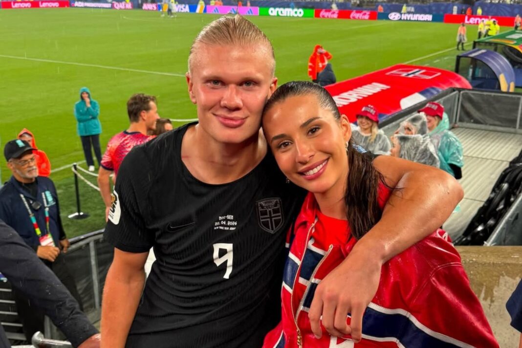 Erling Haaland y su novia Isabel Haugseng Johansen en la celebración de la Champions League 2023
