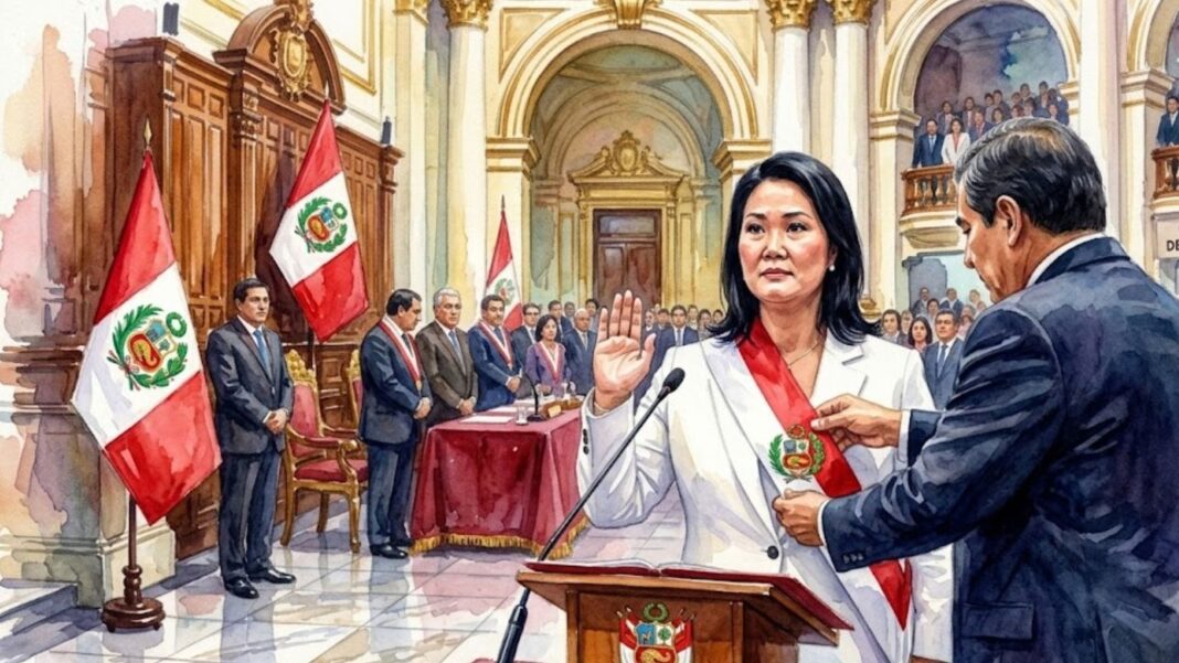 Keiko Fujimori durante ceremonia de transmisión de mando en el Congreso de Perú