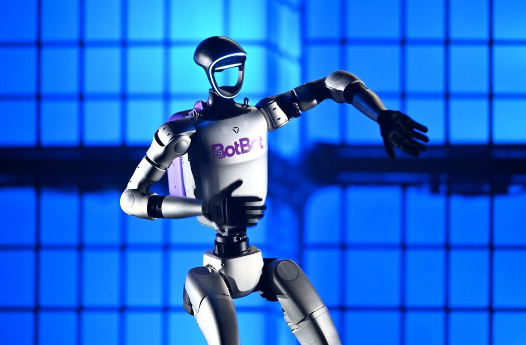 Robot humanoide con luces LED en un escenario tecnológico