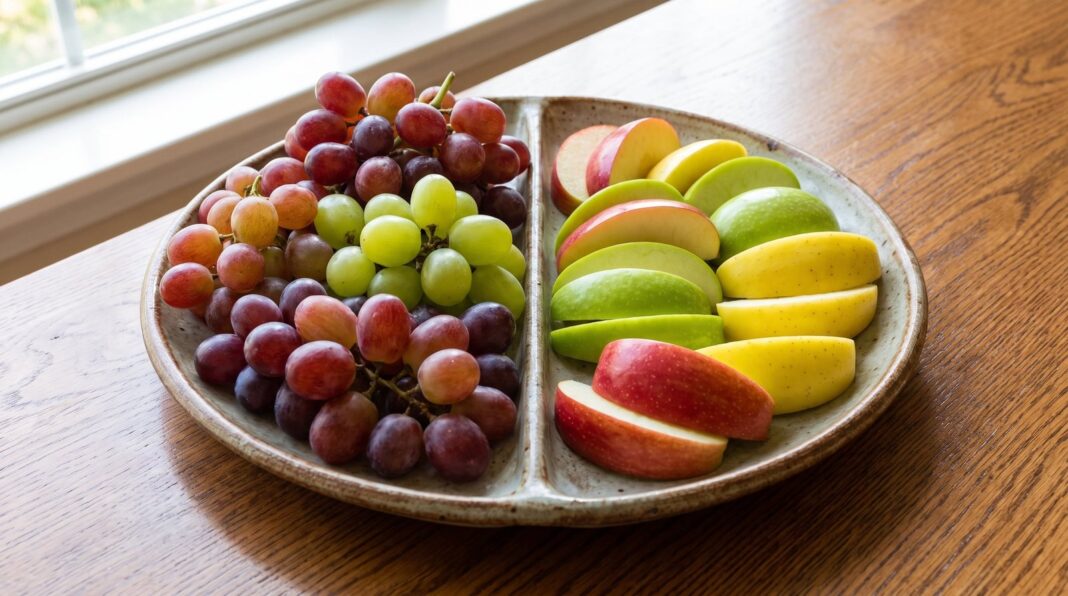 Manzanas y uvas frescas sobre una mesa de madera