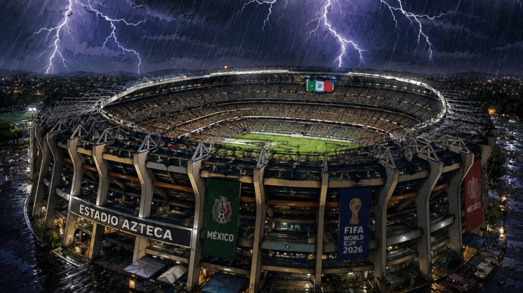 Estadio con tormenta eléctrica durante el partido México vs Inglaterra del Mundial 2026