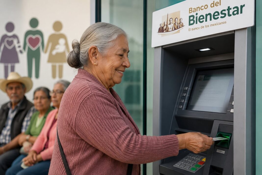 Tarjeta del Bienestar sobre una mesa junto a billetes de pesos mexicanos