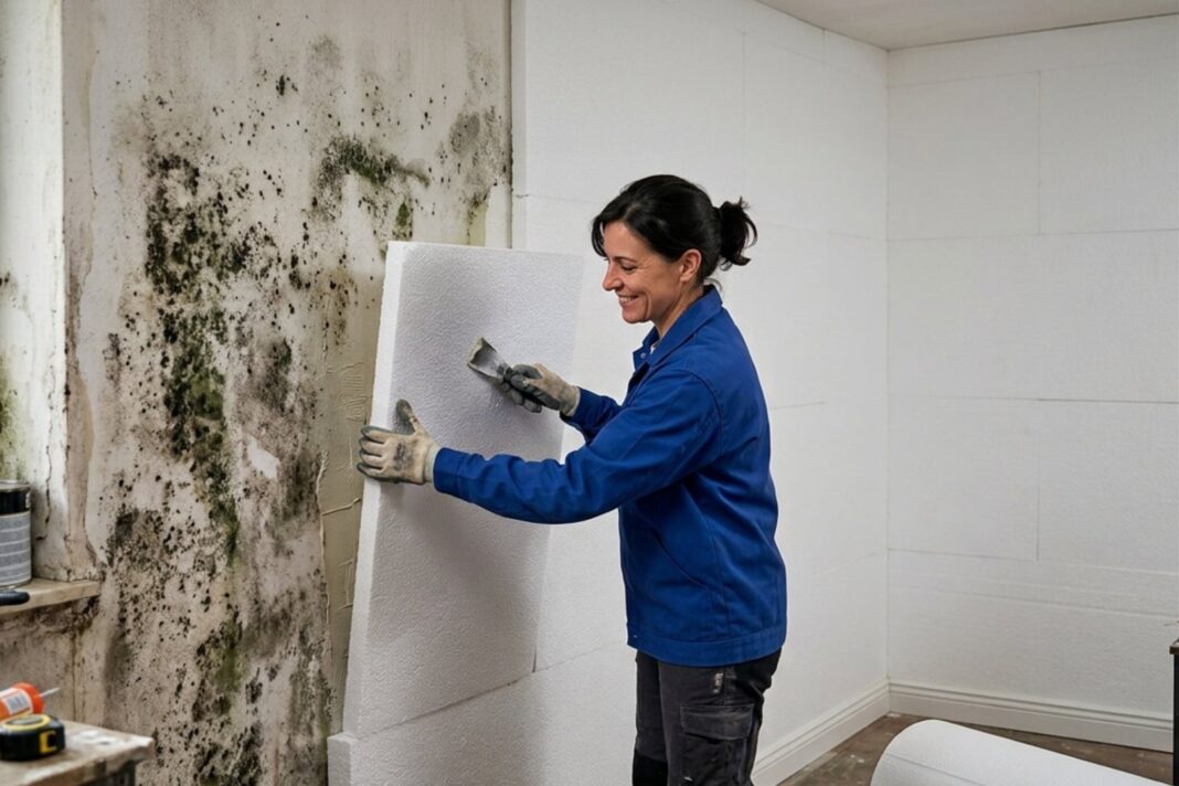 Placas de telgopor colocadas en una pared interior como aislamiento térmico contra el moho