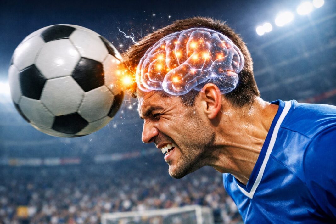 Jugador de fútbol cabeceando un balón durante un partido