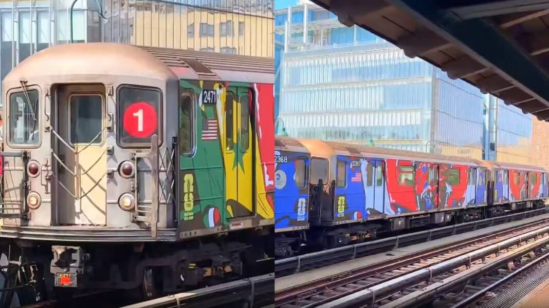 Tren del metro de Nueva York decorado con banderas de selecciones del Mundial 2026